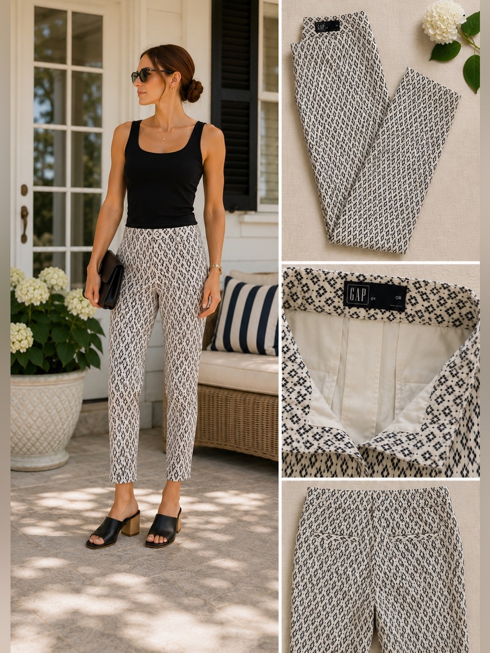 Gap Womens Size 0R Slim Crop Pants Black Ivory Geometric Print Tapered